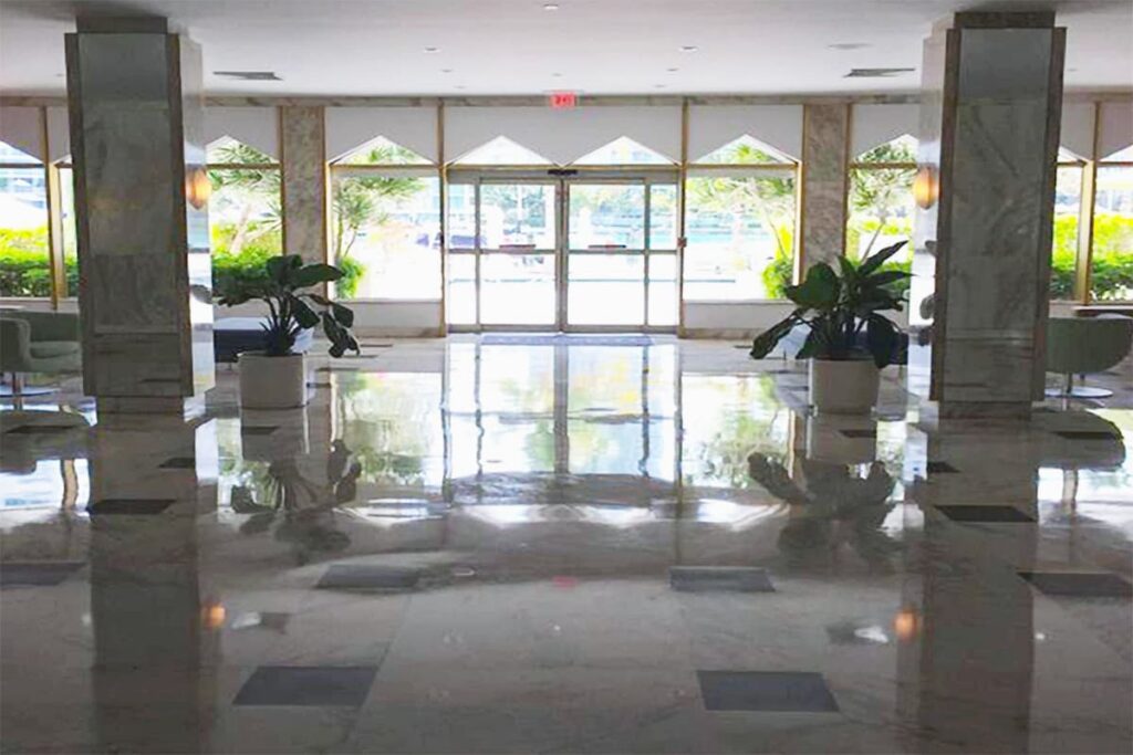 Shiny, polished marble floor with green plants and view of front door.